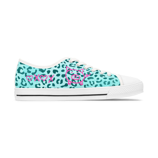Turquoise Leopard Mini Pig Mom Top Sneakers — Women's Casual Canvas Kicks
