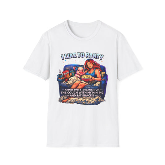 I Like to Party T-Shirt — Funny Mini Pig Couch & Snacks Graphic Tee