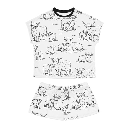 Highland Cow Print Womenâs Short Pajama Set â Cute Black & White Farm Animal Loungewear