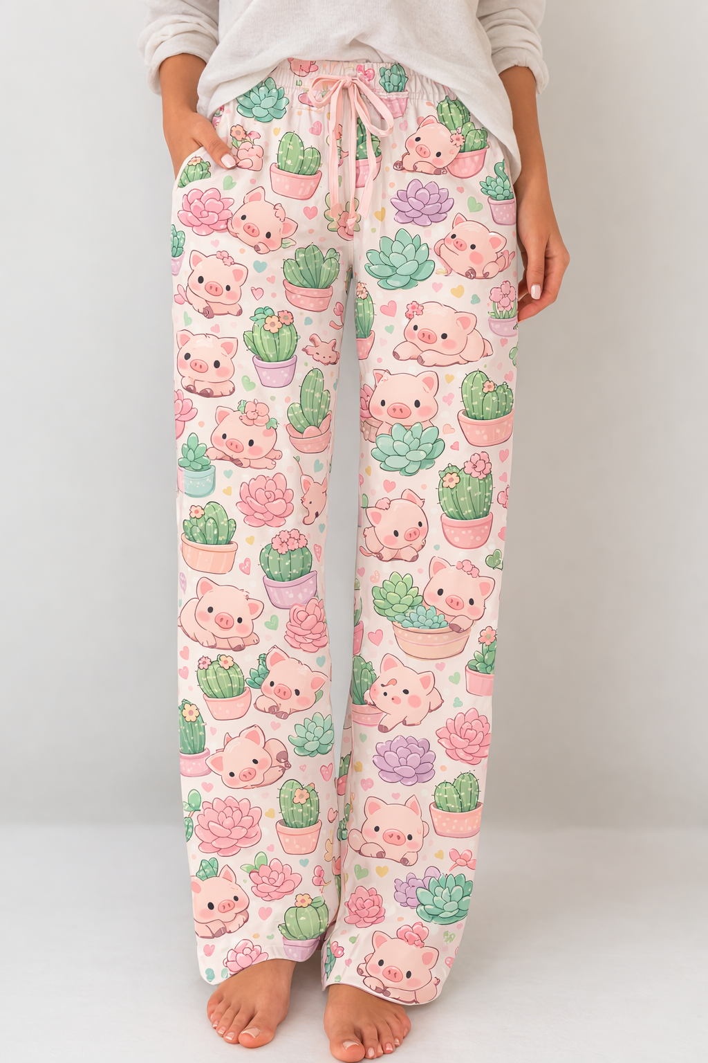 Mini pig and succulents print pajama pants ( women’s)