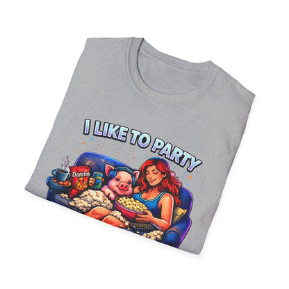 I Like to Party T-Shirt — Funny Mini Pig Couch & Snacks Graphic Tee