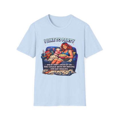 I Like to Party T-Shirt — Funny Mini Pig Couch & Snacks Graphic Tee