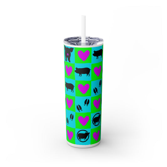 Bright Checkered Mini Pig Silhouette Skinny Tumbler with Straw, 20oz