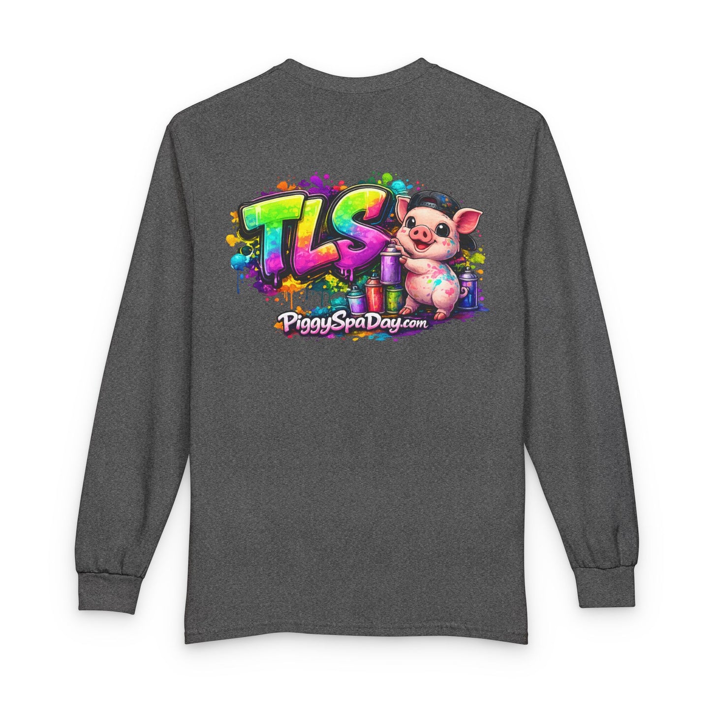 Long Sleeve T-Shirt — Colorful "TLS" Pig Logo, Cute PiggySpaDay Graphic