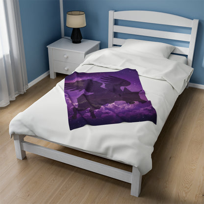 Purple Night With Flying Pig Velveteen Plush Blanket