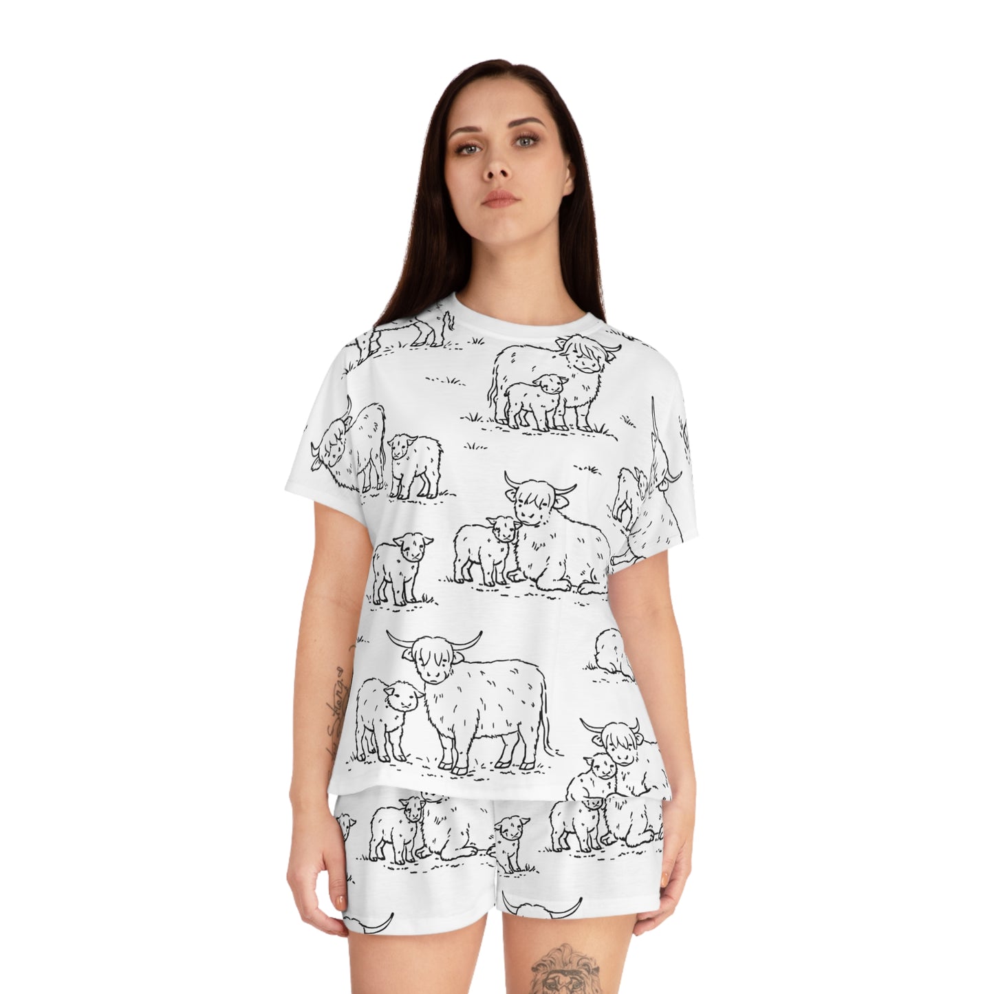 Highland Cow Print Women’s Short Pajama Set – Cute Black & White Farm Animal Loungewear