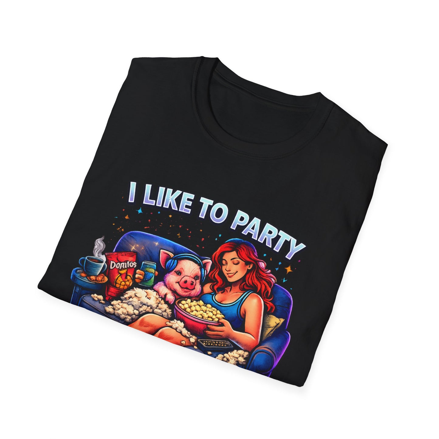 I Like to Party T-Shirt — Funny Mini Pig Couch & Snacks Graphic Tee