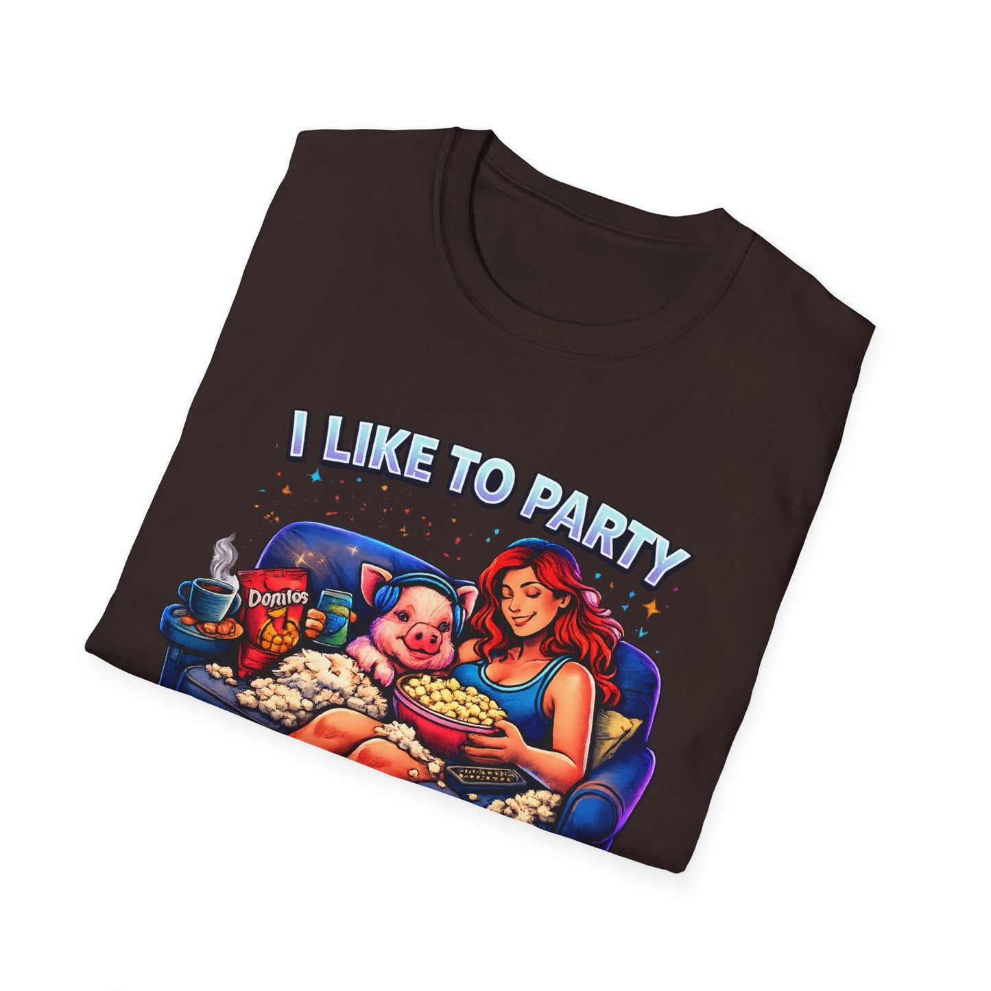 I Like to Party T-Shirt — Funny Mini Pig Couch & Snacks Graphic Tee
