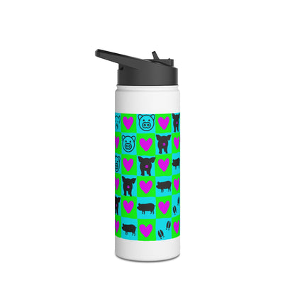 Bright Checkered Mini Pig Silhouette Stainless Steel Water Bottle, Standard Lid