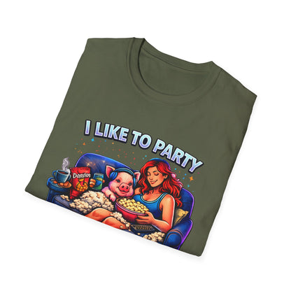 I Like to Party T-Shirt — Funny Mini Pig Couch & Snacks Graphic Tee
