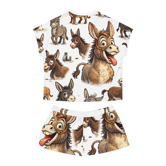 Donkey Print Women's Short Pajama Set – Cute Cartoon Donkey Sleepwear