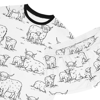 Highland Cow Print Women’s Short Pajama Set – Cute Black & White Farm Animal Loungewear