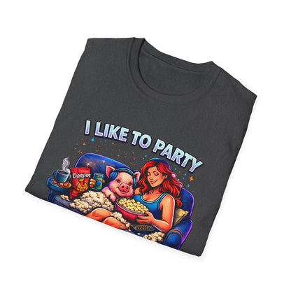 I Like to Party T-Shirt — Funny Mini Pig Couch & Snacks Graphic Tee