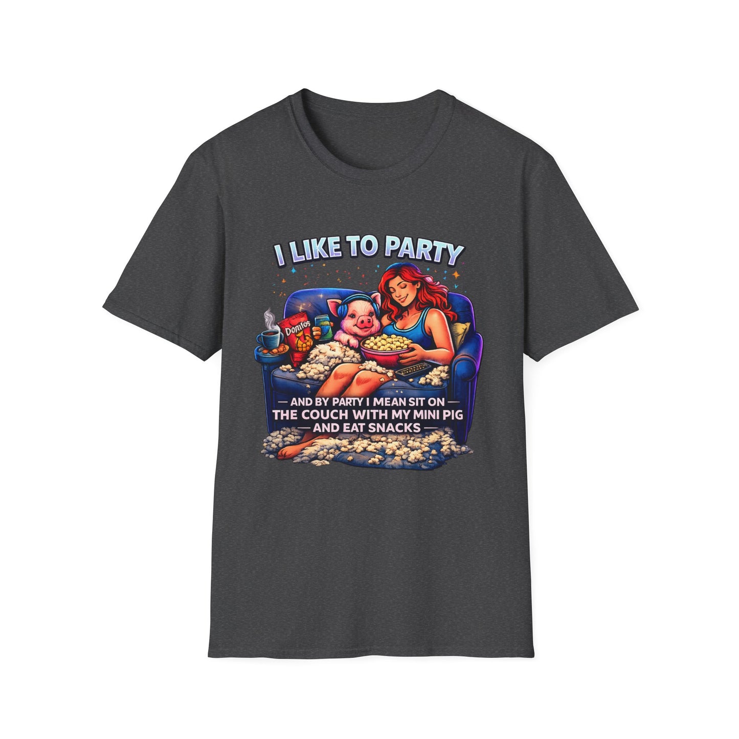 I Like to Party T-Shirt — Funny Mini Pig Couch & Snacks Graphic Tee