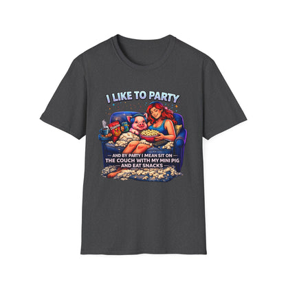 I Like to Party T-Shirt — Funny Mini Pig Couch & Snacks Graphic Tee