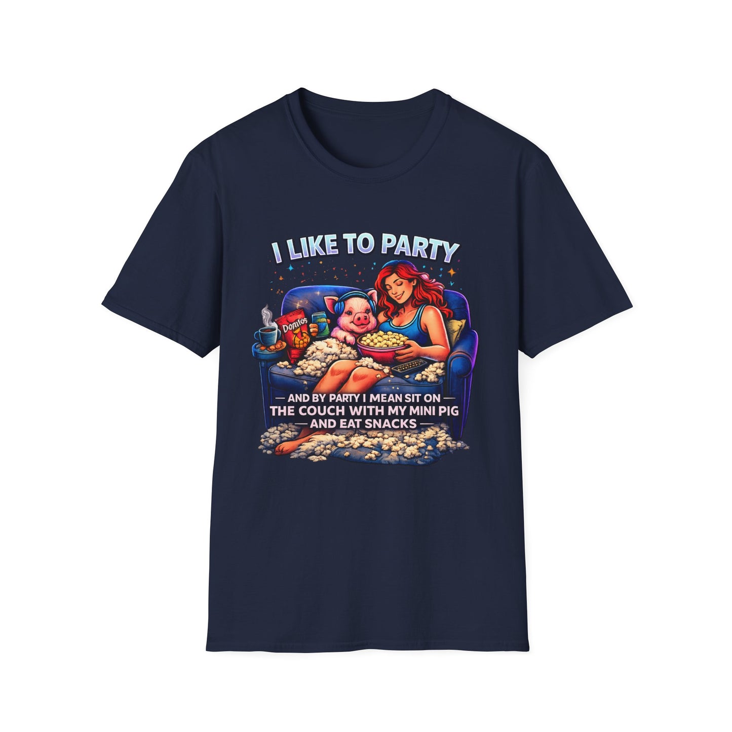 I Like to Party T-Shirt — Funny Mini Pig Couch & Snacks Graphic Tee