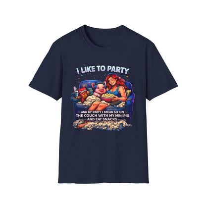 I Like to Party T-Shirt — Funny Mini Pig Couch & Snacks Graphic Tee