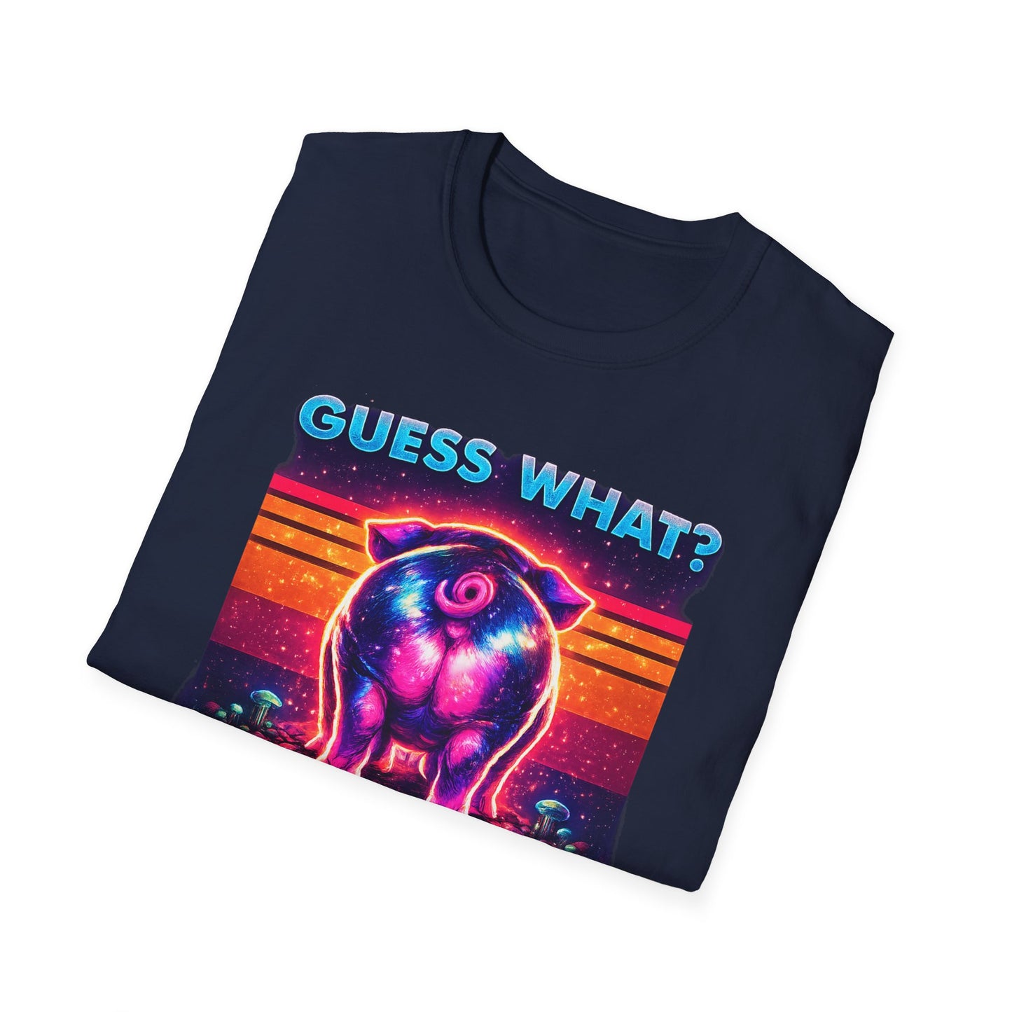 T-Shirt — "Guess What? Mini Pig Butt" Retro Neon Graphic Tee