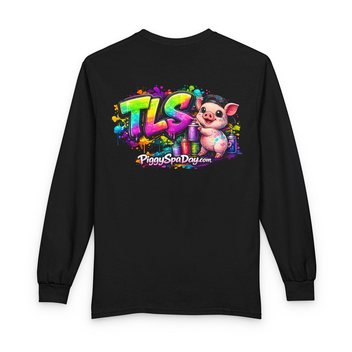 Long Sleeve T-Shirt — Colorful "TLS" Pig Logo, Cute PiggySpaDay Graphic