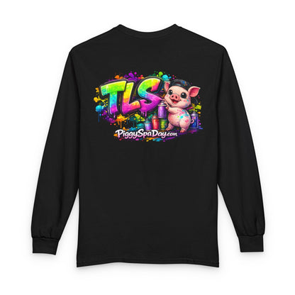 Long Sleeve T-Shirt — Colorful "TLS" Pig Logo, Cute PiggySpaDay Graphic