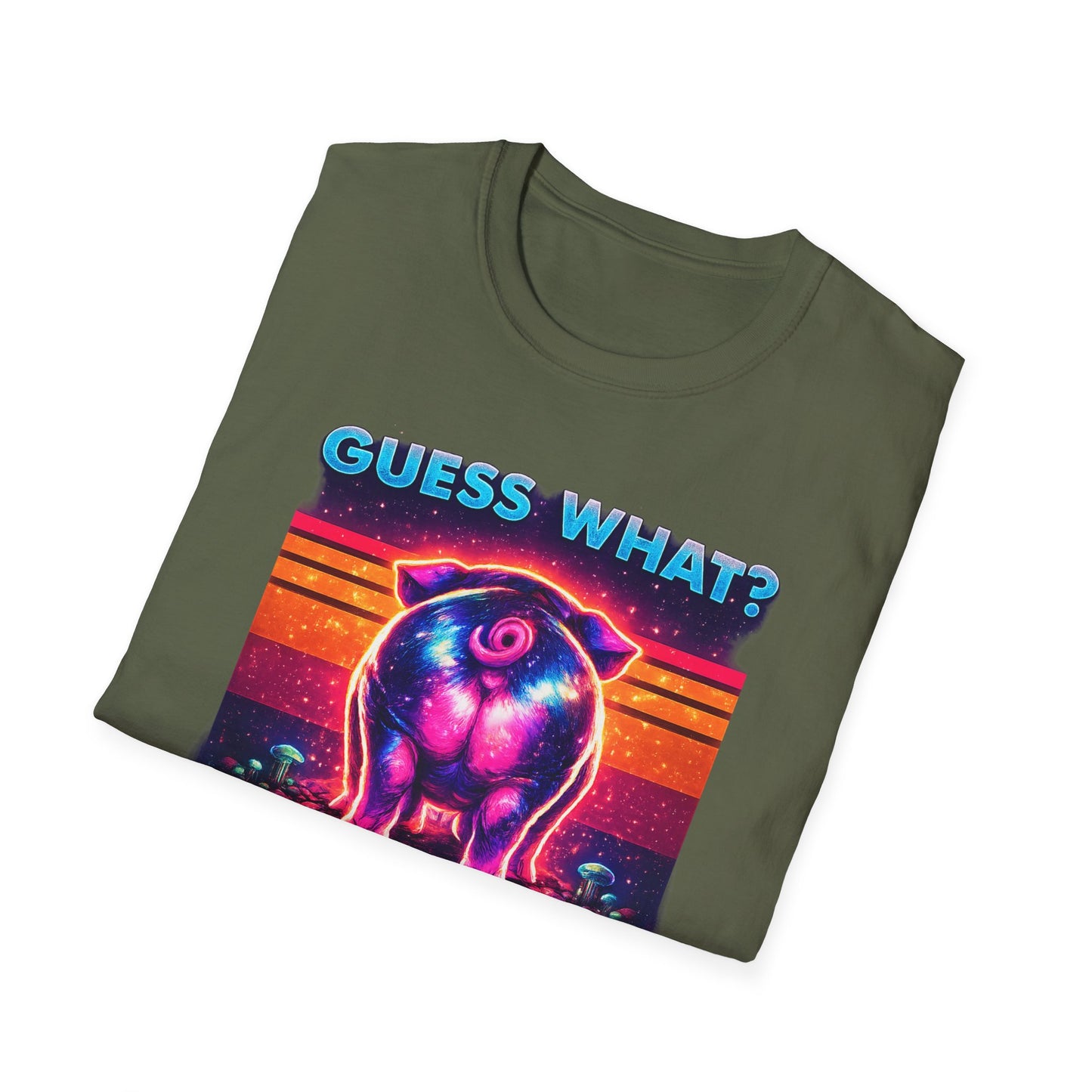 T-Shirt — "Guess What? Mini Pig Butt" Retro Neon Graphic Tee