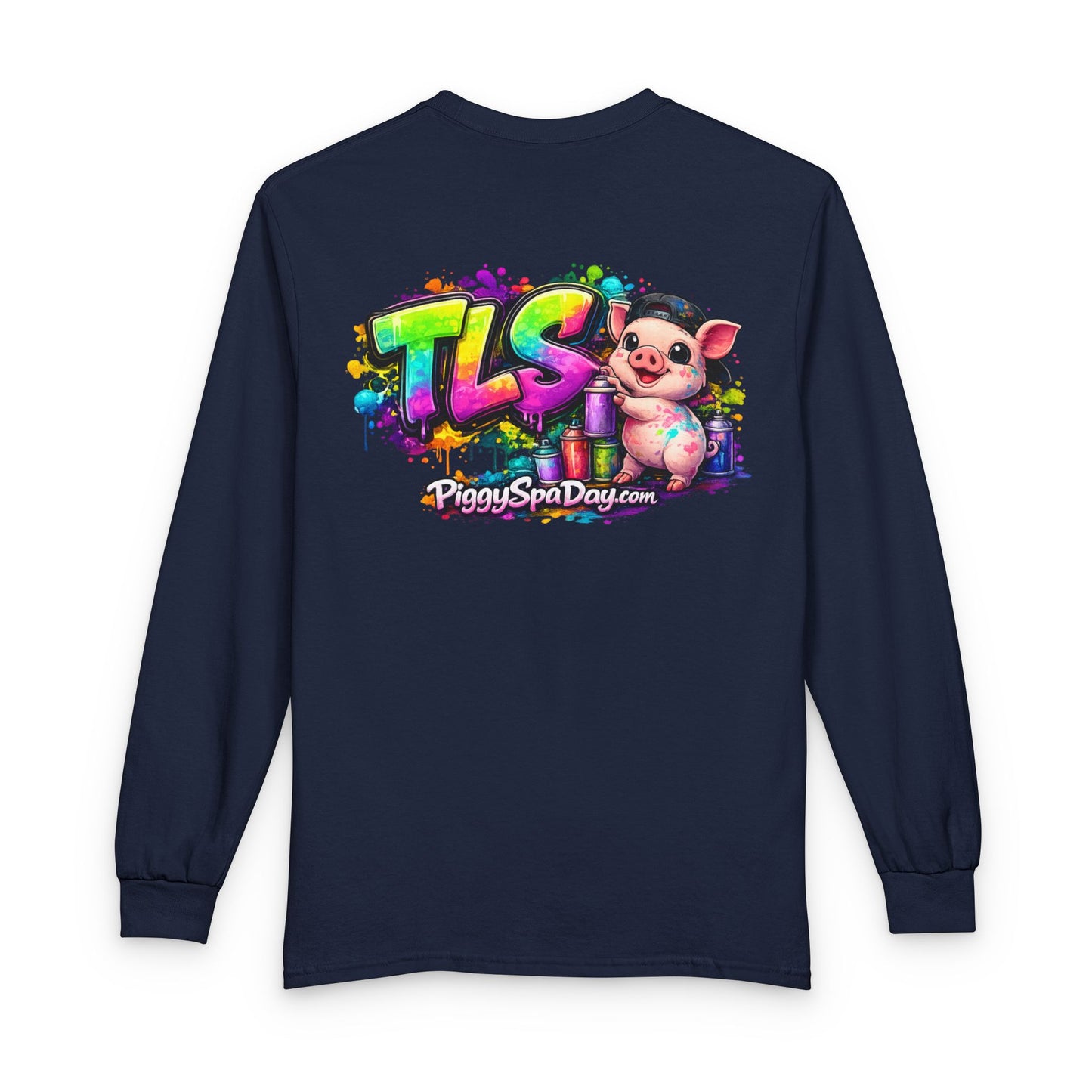 Long Sleeve T-Shirt — Colorful "TLS" Pig Logo, Cute PiggySpaDay Graphic