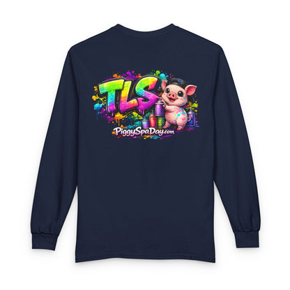 Long Sleeve T-Shirt — Colorful "TLS" Pig Logo, Cute PiggySpaDay Graphic