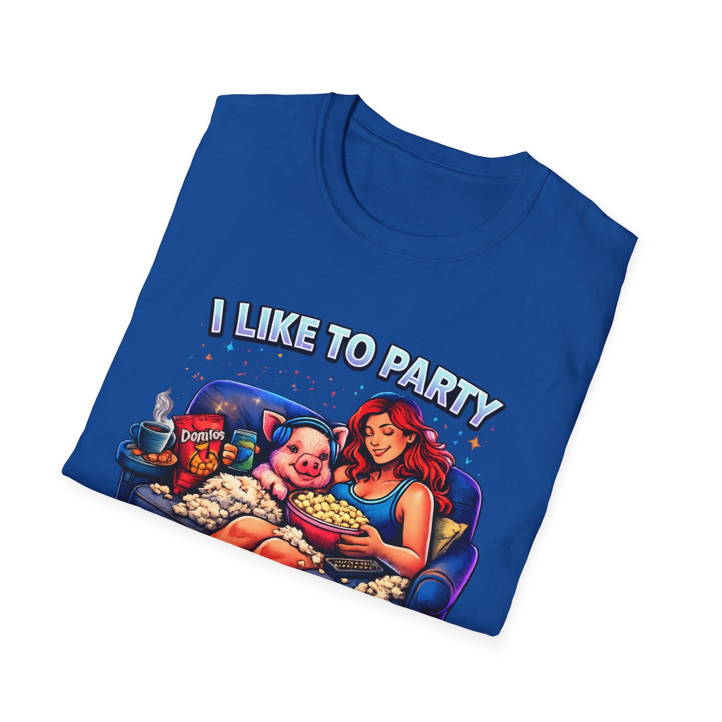I Like to Party T-Shirt — Funny Mini Pig Couch & Snacks Graphic Tee