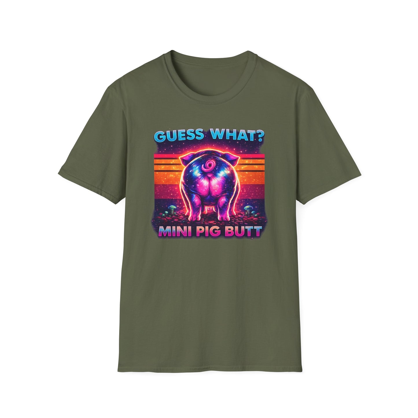 T-Shirt — "Guess What? Mini Pig Butt" Retro Neon Graphic Tee