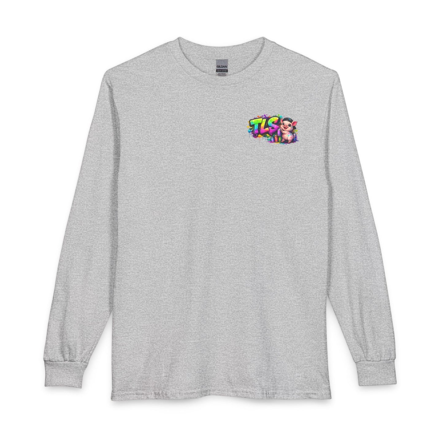 Long Sleeve T-Shirt — Colorful "TLS" Pig Logo, Cute PiggySpaDay Graphic