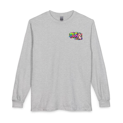 Long Sleeve T-Shirt — Colorful "TLS" Pig Logo, Cute PiggySpaDay Graphic