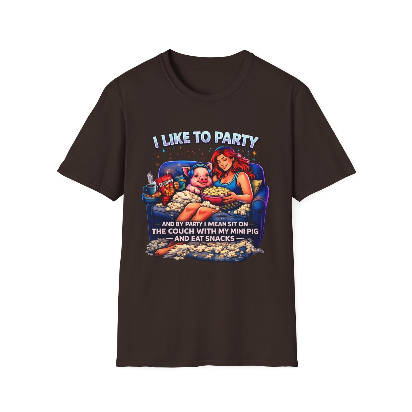 I Like to Party T-Shirt — Funny Mini Pig Couch & Snacks Graphic Tee