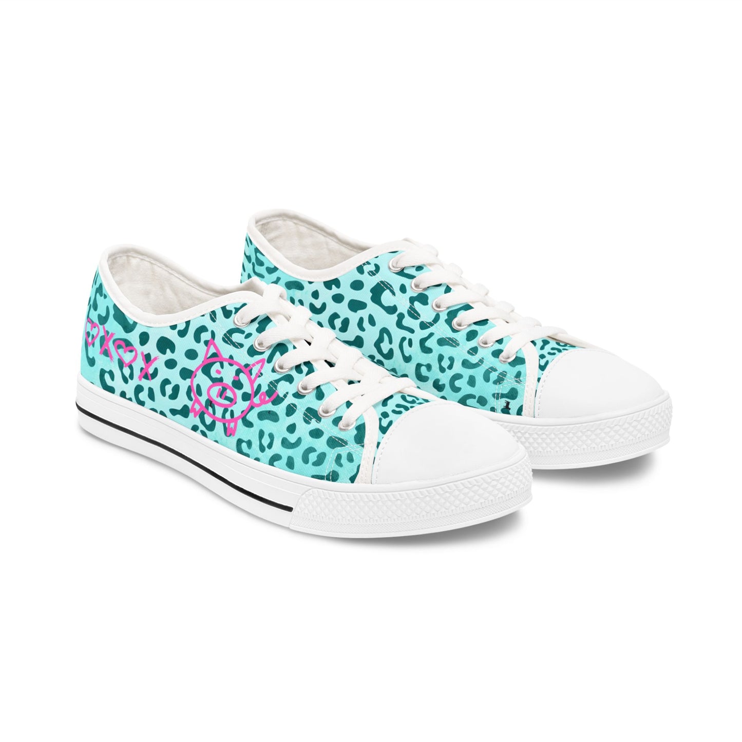 Turquoise Leopard Mini Pig Mom Top Sneakers — Women's Casual Canvas Kicks