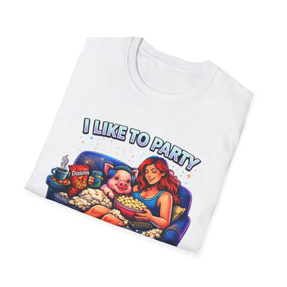 I Like to Party T-Shirt — Funny Mini Pig Couch & Snacks Graphic Tee