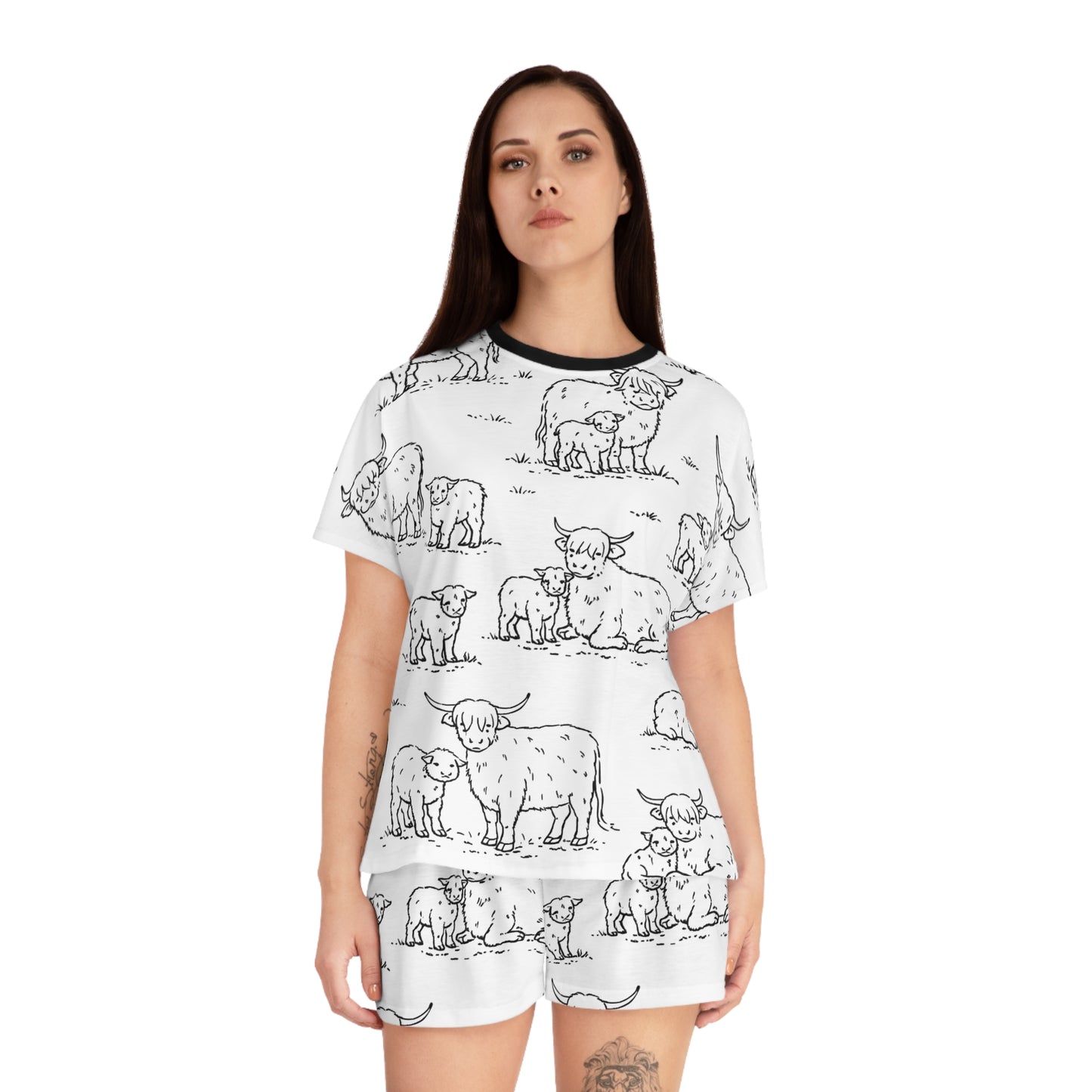 Highland Cow Print Women’s Short Pajama Set – Cute Black & White Farm Animal Loungewear