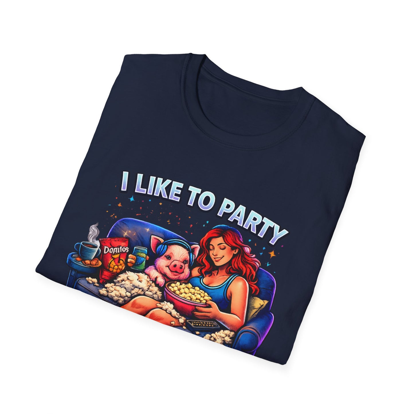 I Like to Party T-Shirt — Funny Mini Pig Couch & Snacks Graphic Tee
