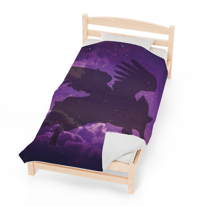 Purple Night With Flying Pig Velveteen Plush Blanket