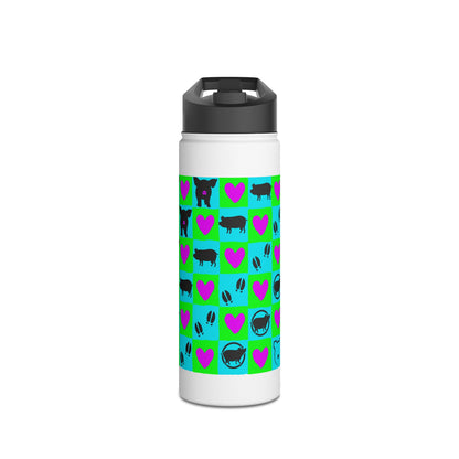 Bright Checkered Mini Pig Silhouette Stainless Steel Water Bottle, Standard Lid