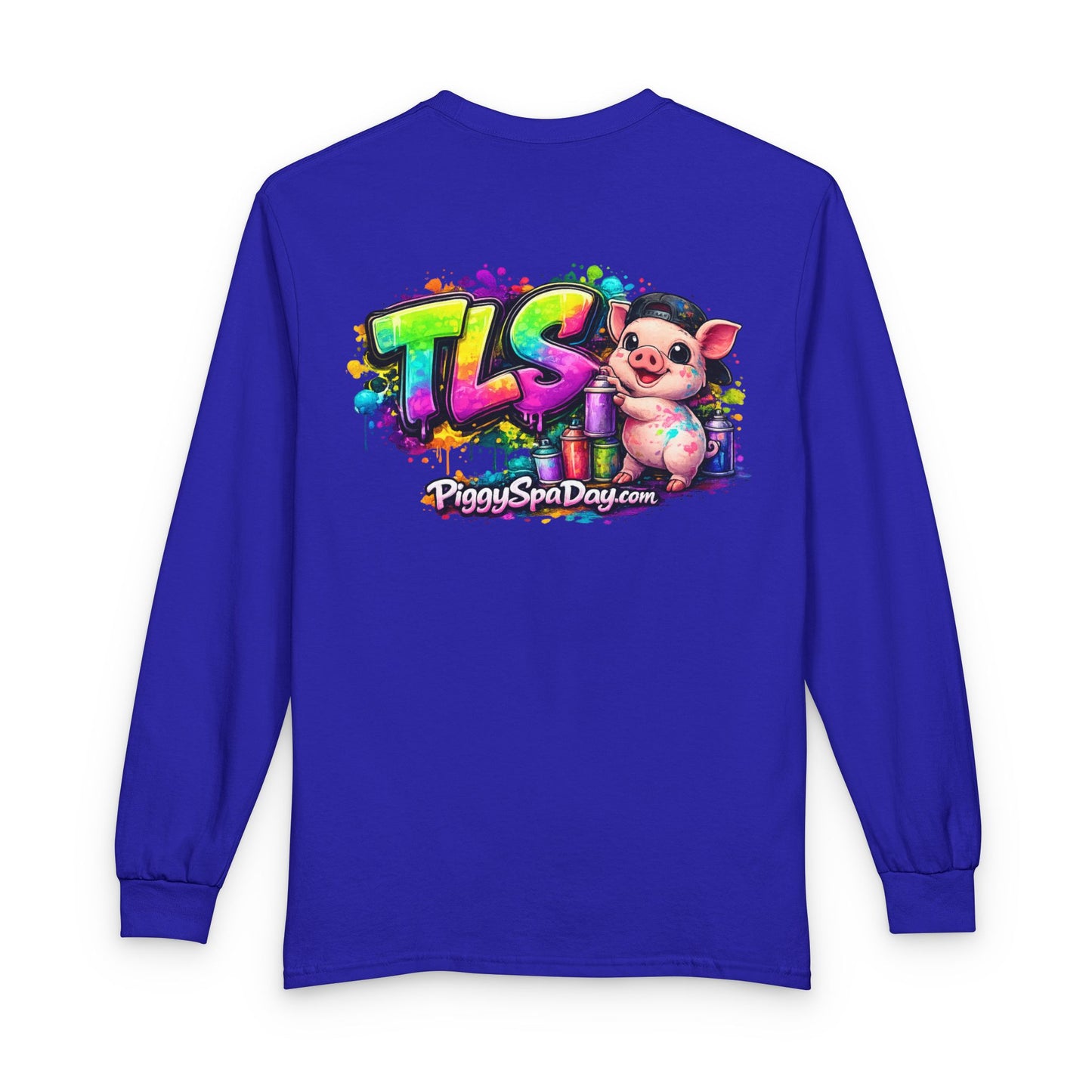 Long Sleeve T-Shirt — Colorful "TLS" Pig Logo, Cute PiggySpaDay Graphic
