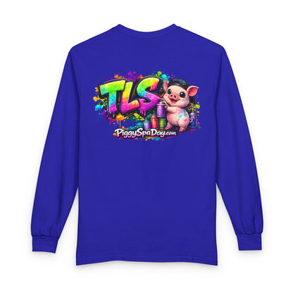 Long Sleeve T-Shirt — Colorful "TLS" Pig Logo, Cute PiggySpaDay Graphic