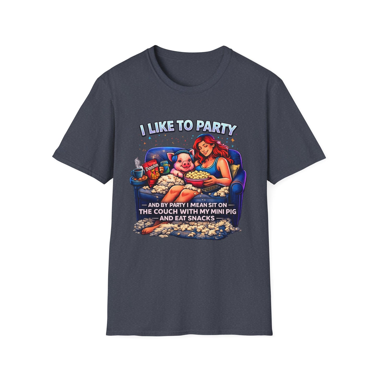 I Like to Party T-Shirt — Funny Mini Pig Couch & Snacks Graphic Tee