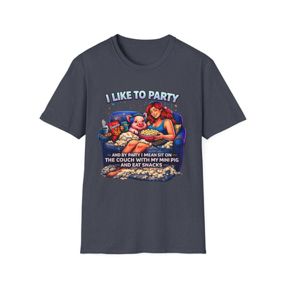 I Like to Party T-Shirt — Funny Mini Pig Couch & Snacks Graphic Tee