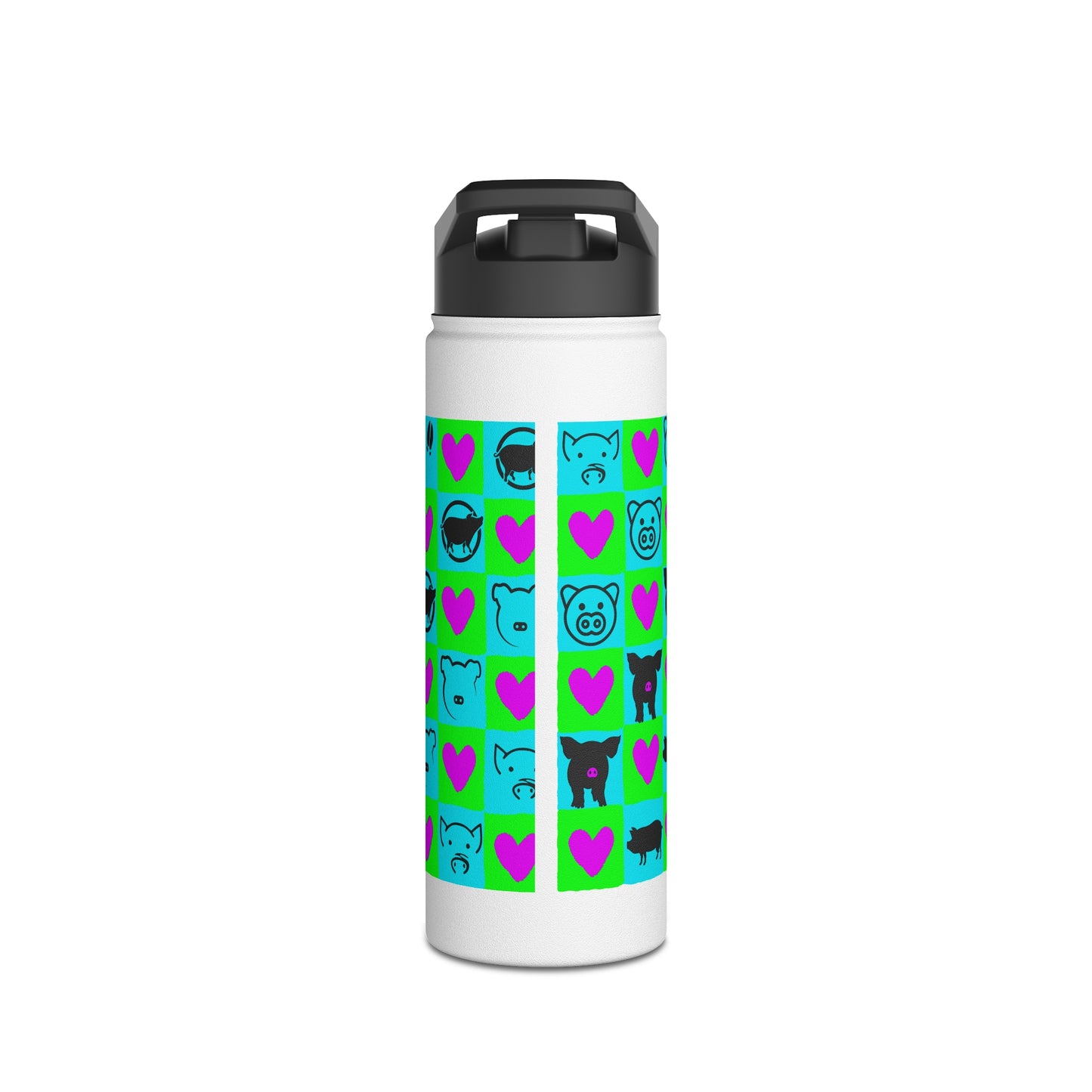 Bright Checkered Mini Pig Silhouette Stainless Steel Water Bottle, Standard Lid