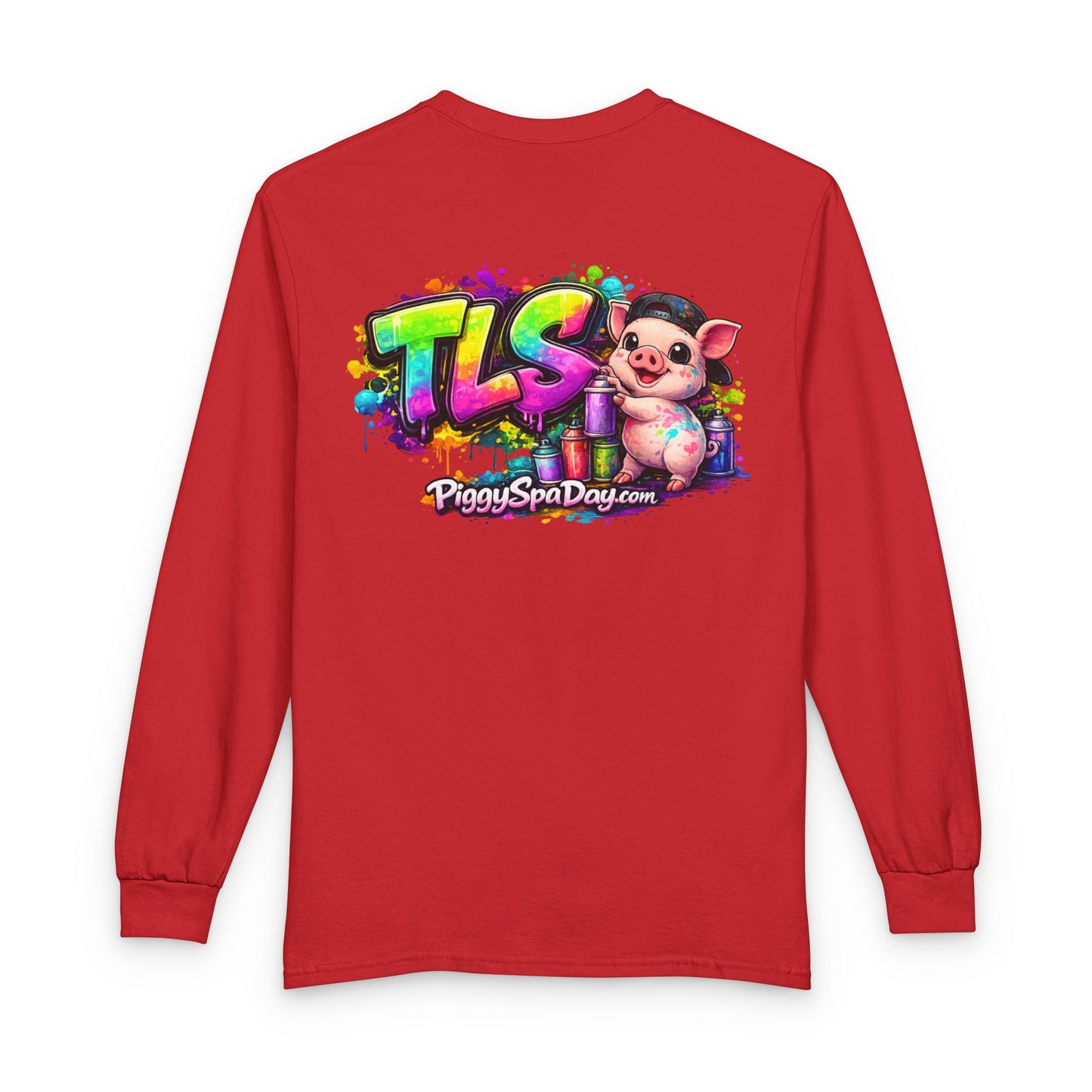 Long Sleeve T-Shirt — Colorful "TLS" Pig Logo, Cute PiggySpaDay Graphic
