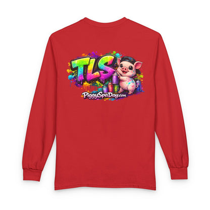 Long Sleeve T-Shirt — Colorful "TLS" Pig Logo, Cute PiggySpaDay Graphic