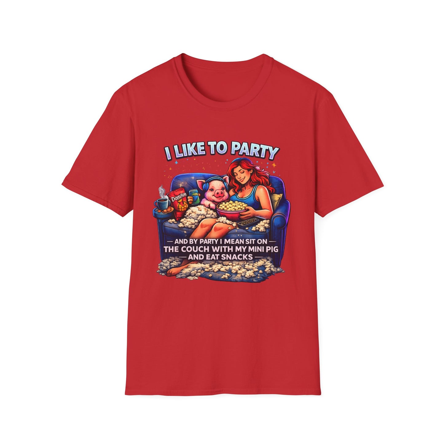 I Like to Party T-Shirt — Funny Mini Pig Couch & Snacks Graphic Tee