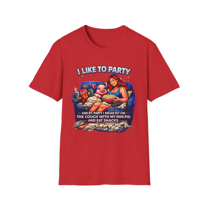 I Like to Party T-Shirt — Funny Mini Pig Couch & Snacks Graphic Tee