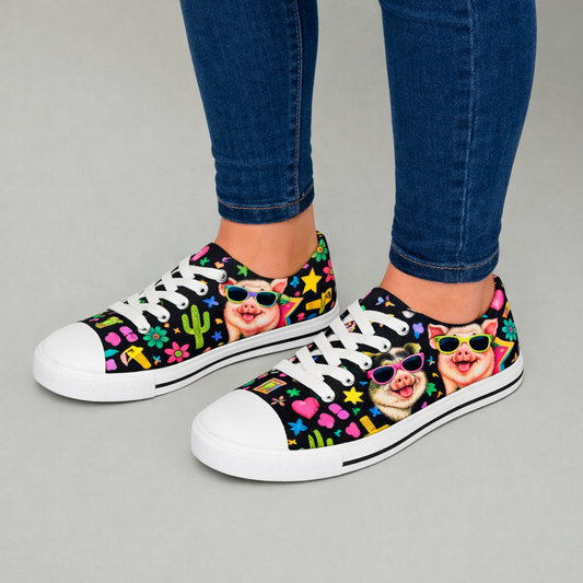 Women's Low Top Sneakers — Colorful Neon pig & Cactus Pattern