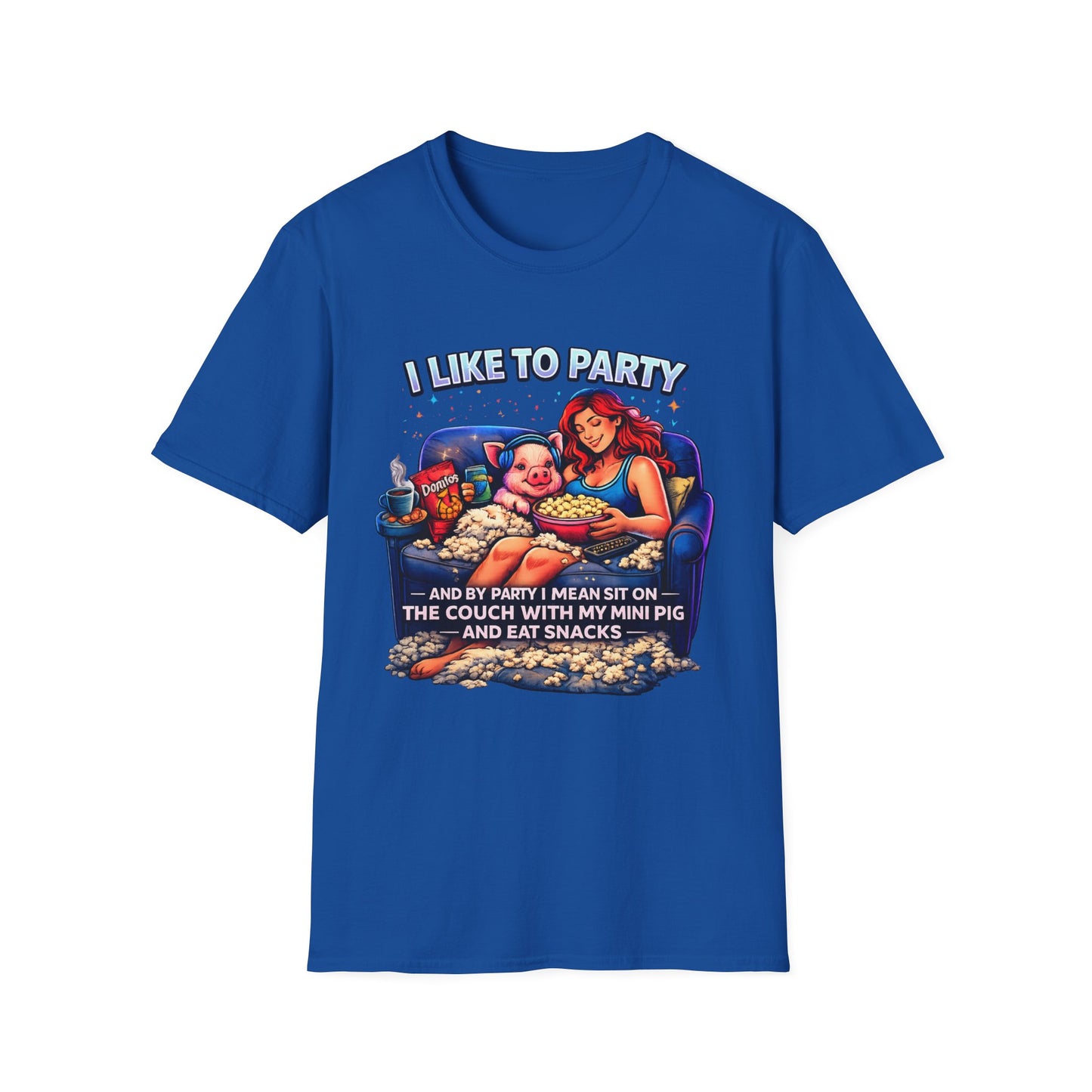 I Like to Party T-Shirt — Funny Mini Pig Couch & Snacks Graphic Tee