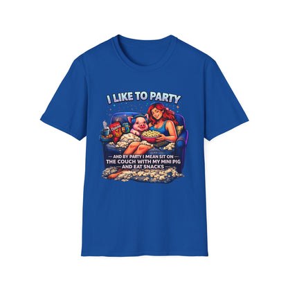 I Like to Party T-Shirt — Funny Mini Pig Couch & Snacks Graphic Tee